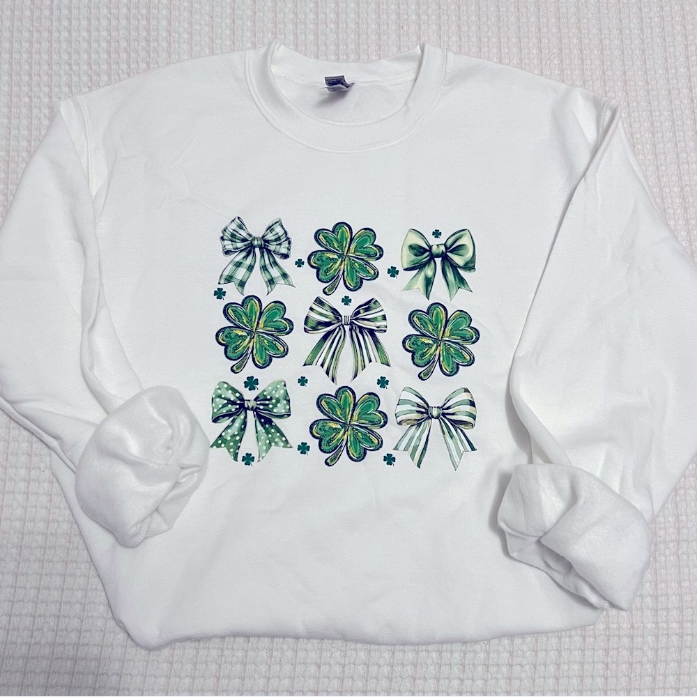 White Sweatshirt with Green Shamrock and Bow Design
